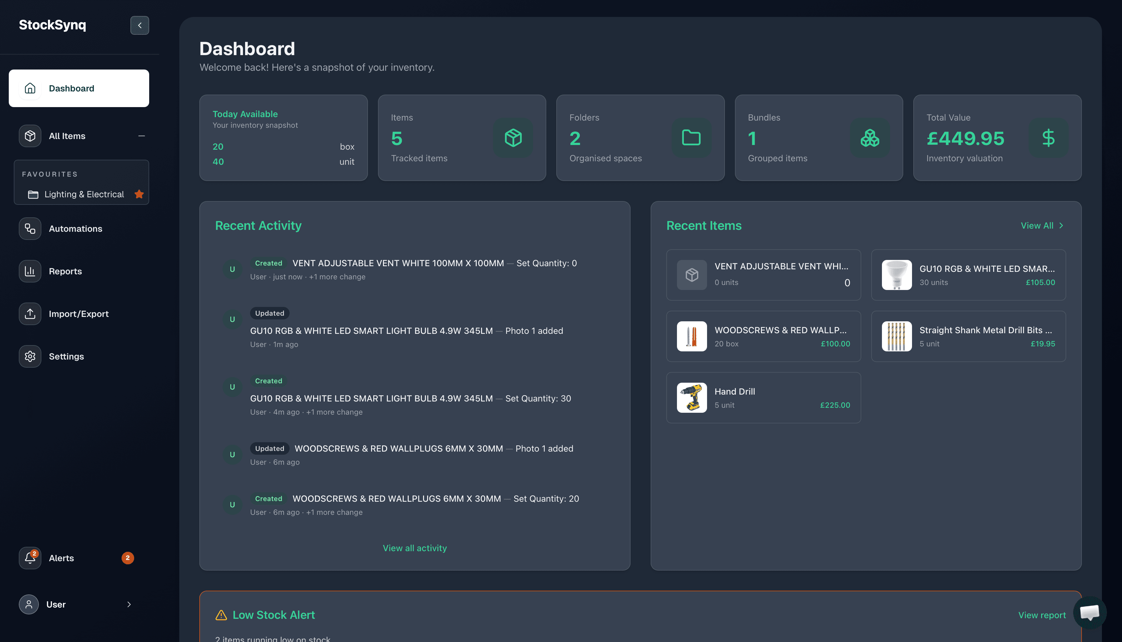StockSynq inventory management dashboard